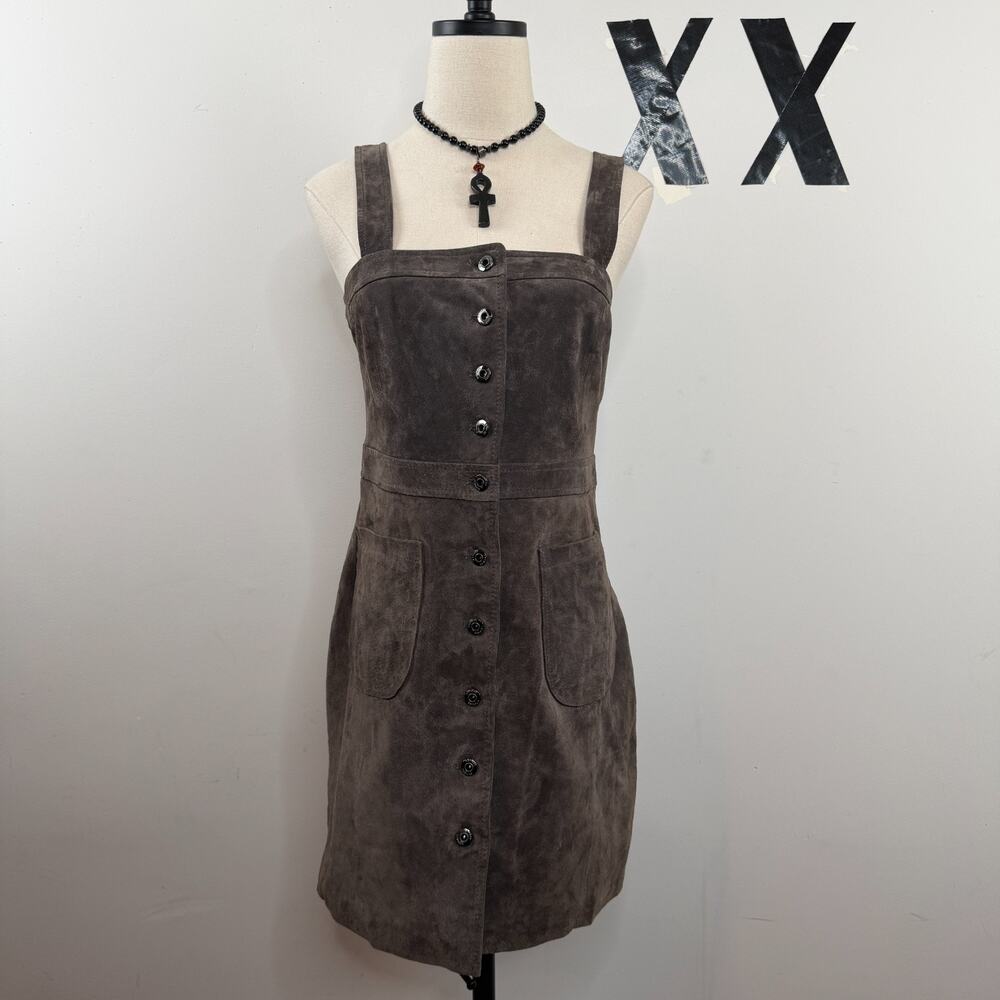 Express Grey Genuine Suede Snap Front Patch Pocket Pinafore Mini Dress XS